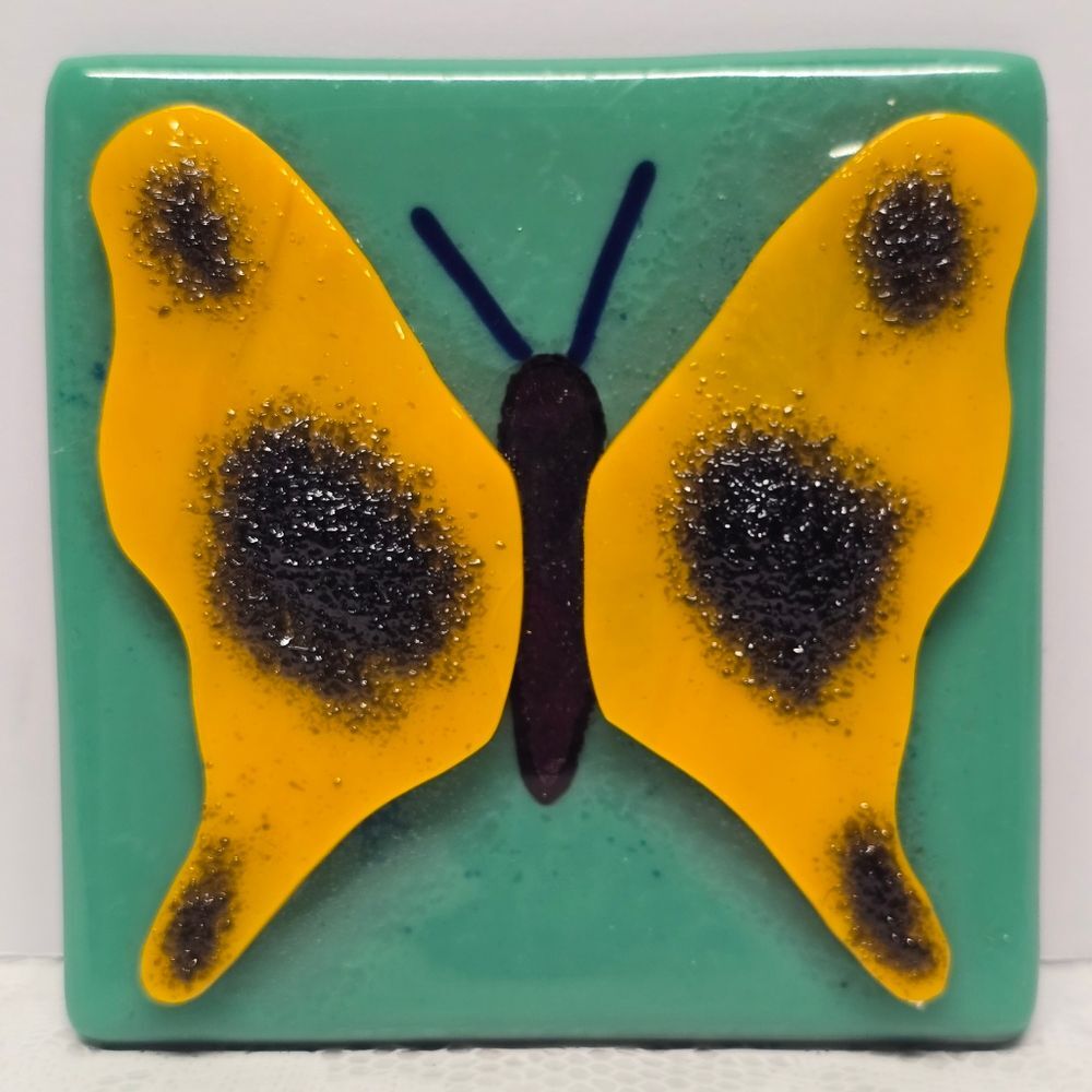 Fused Art Glass Teal Yellow Butterfly Paperweight Tile Plaque Garden Summer Boho